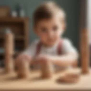 An illustrative depiction of a child engaging with wooden stacking rings, fostering cognitive skills.