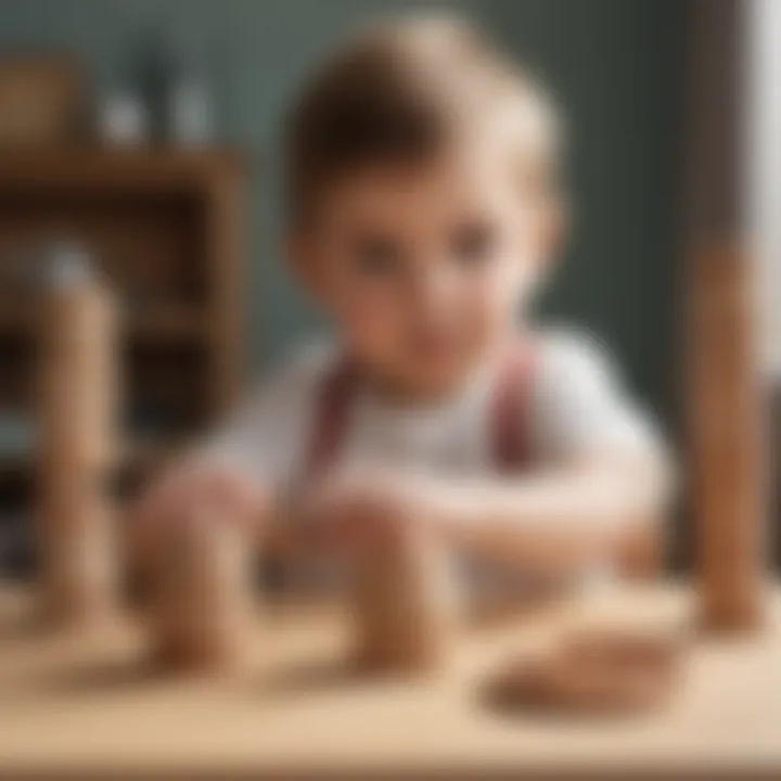 An illustrative depiction of a child engaging with wooden stacking rings, fostering cognitive skills.