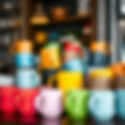Vibrant collection of assorted colorful coffee mugs arranged on a table
