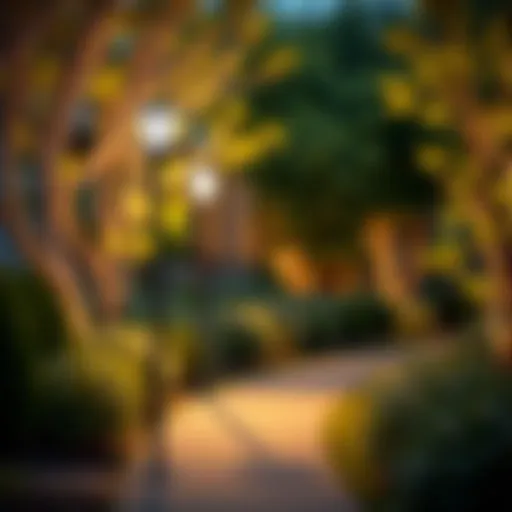 Modern outdoor LED pole lamp illuminating a garden pathway