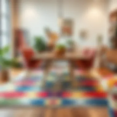 Colorful patterned rug enhancing a modern dining area