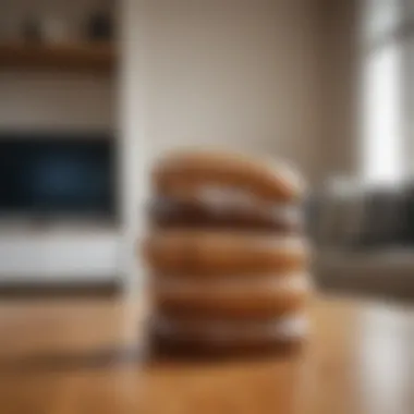 An artistic arrangement of wooden stacking rings displayed as a decorative piece in a modern living room.