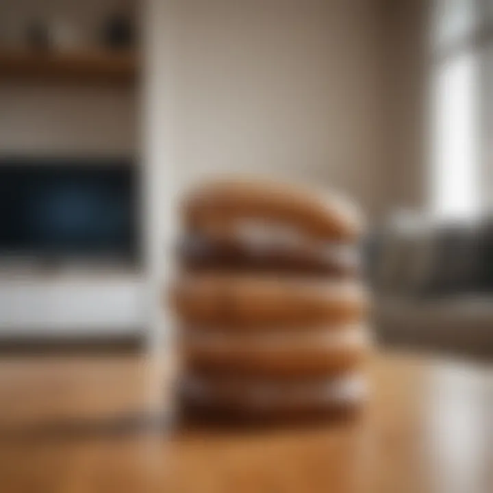 An artistic arrangement of wooden stacking rings displayed as a decorative piece in a modern living room.