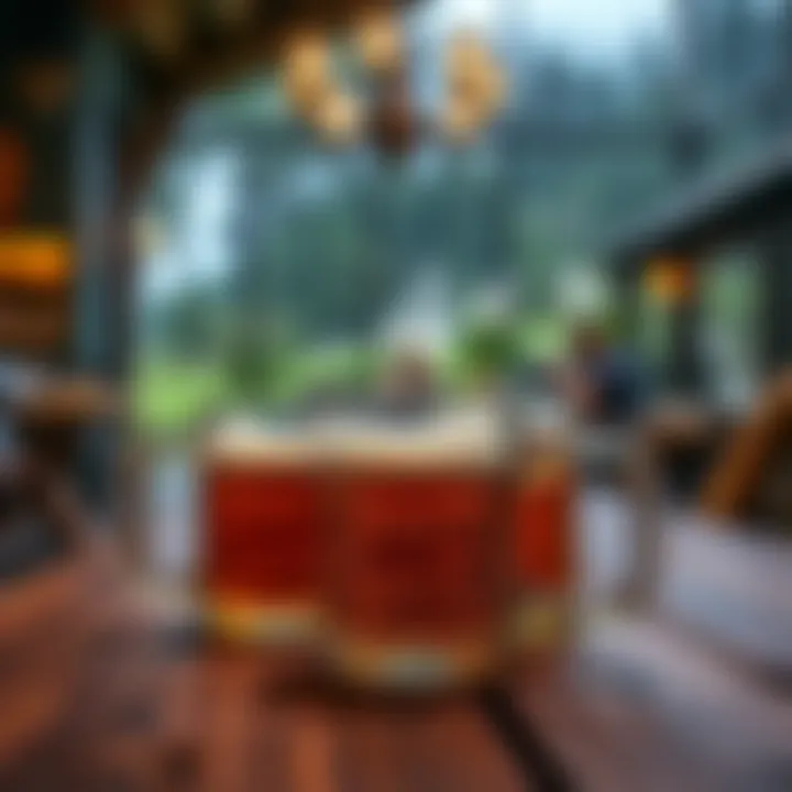A picturesque setting featuring double handle beer mugs on a rustic table.