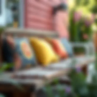 Colorful outdoor cushions on a wooden dining bench