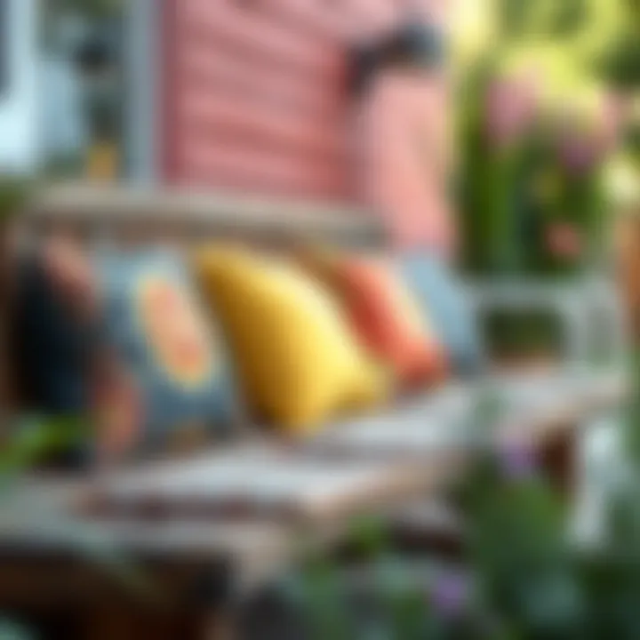 Colorful outdoor cushions on a wooden dining bench