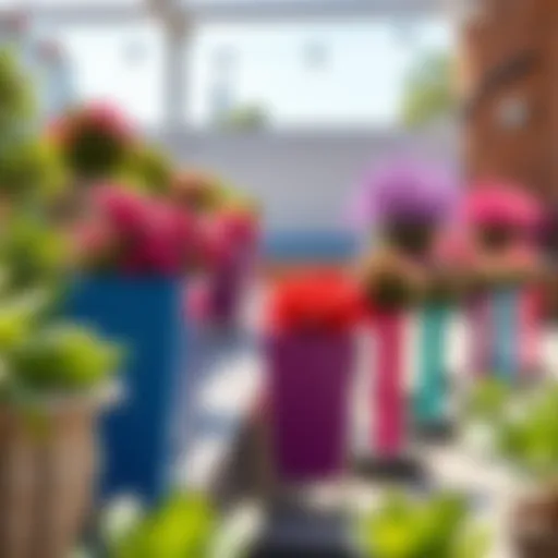Vibrant rectangle flower pots arranged on a sunny patio