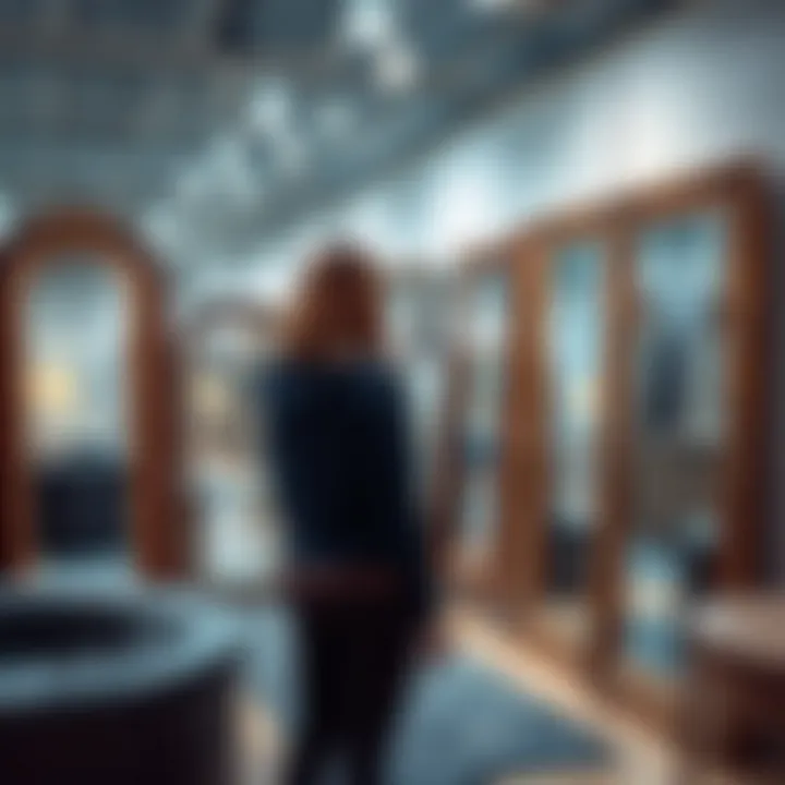 Choosing the Perfect Large Mirror in a Showroom A person comparing large mirrors in a showroom