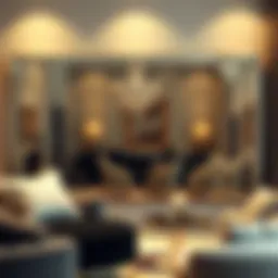 Elegant oversized mirror reflecting a stylish room