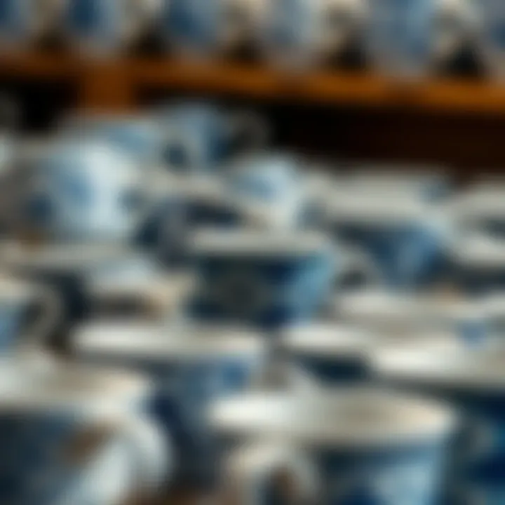 Intricate Patterns in Blue and White Coffee Cups An exquisite collection of blue and white coffee cups with intricate patterns