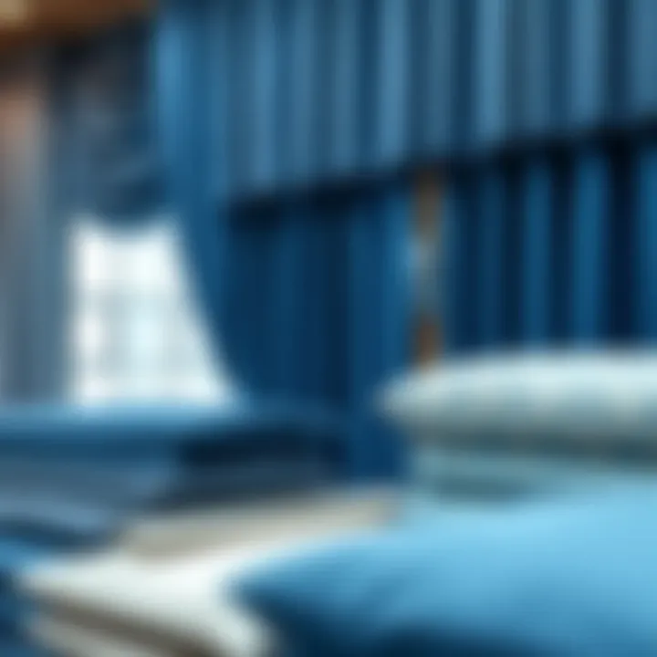 Variety of blue curtain fabrics displayed for selection