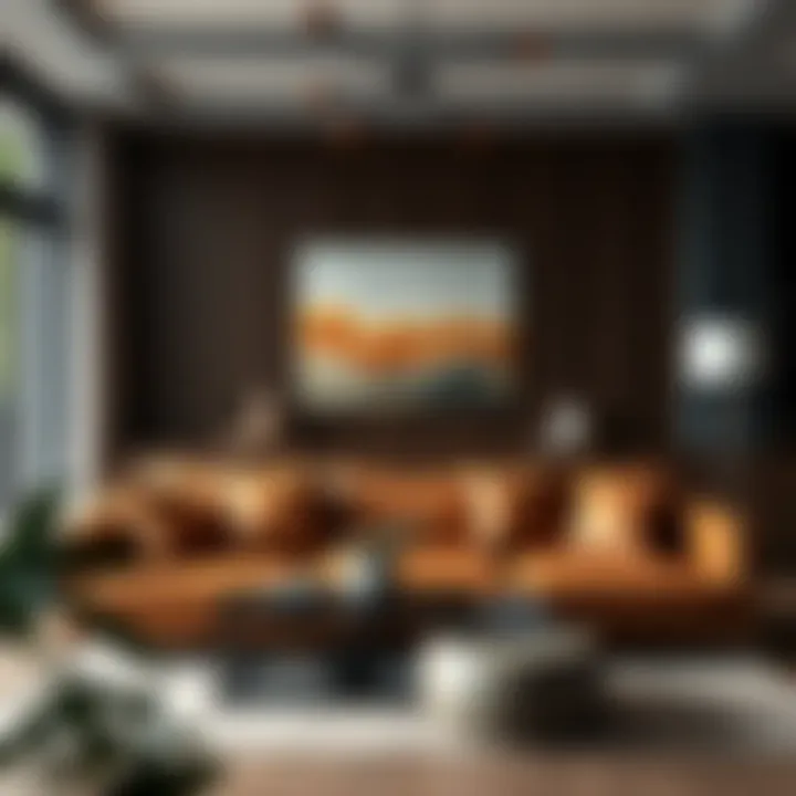 Stylish living room featuring brown leather cushions