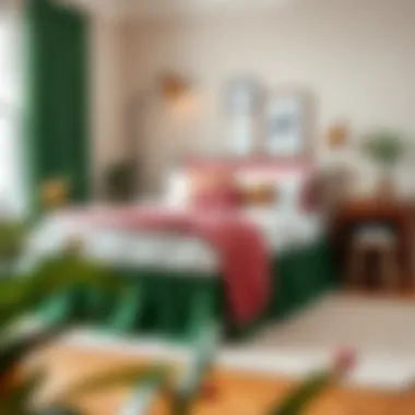 Stylish Bedroom Setup with Green Bedskirt Stylish bedroom setup with a green queen bedskirt complementing decor