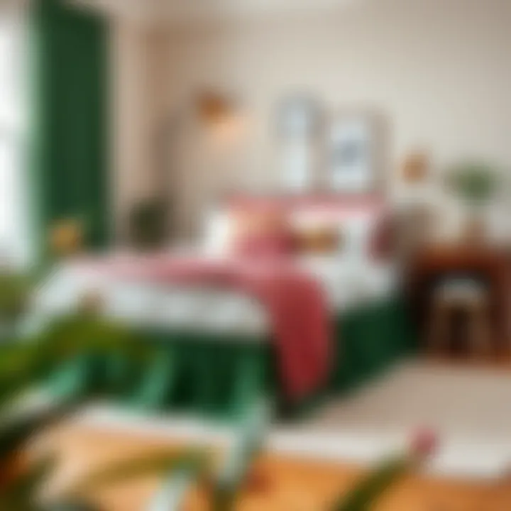 Stylish Bedroom Setup with Green Bedskirt Stylish bedroom setup with a green queen bedskirt complementing decor