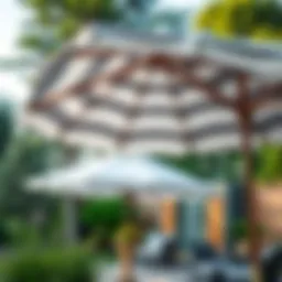 Stylish grey and white striped outdoor umbrella in a garden setting