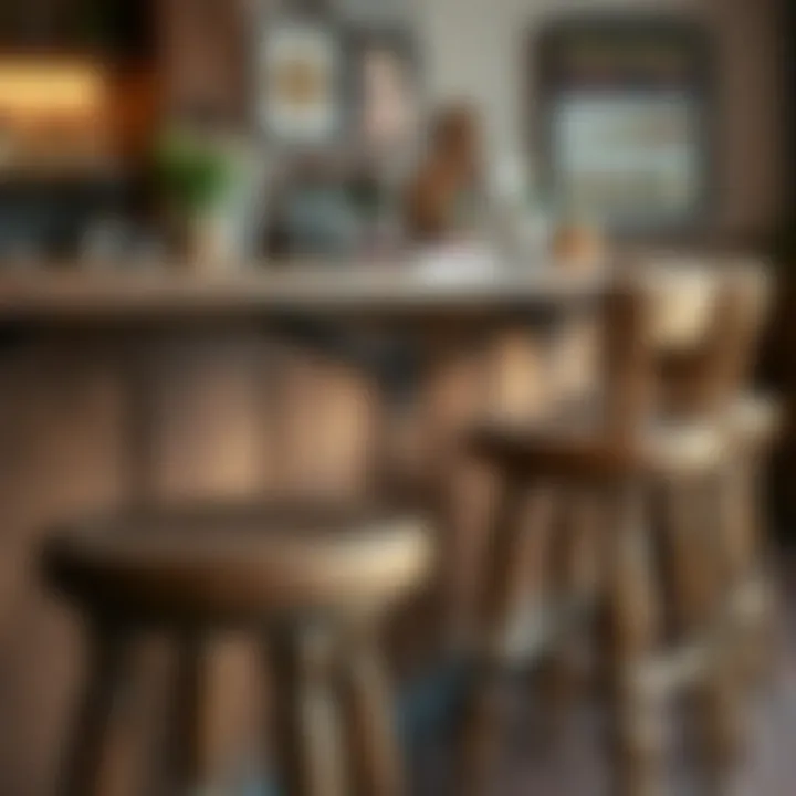 Rustic Wooden Bar Stools Rustic wooden bar stools in a cozy home bar setting