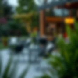 A collection of modern outdoor chairs in a garden setting