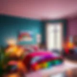 A colorful rainbow-themed bedroom with vibrant decor