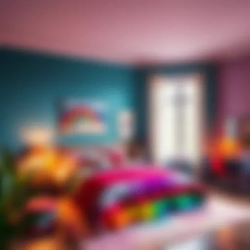 A colorful rainbow-themed bedroom with vibrant decor
