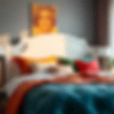 Simple white headboard paired with colorful bedding and decor