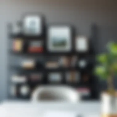 Creative arrangement of books and art on slim black shelves