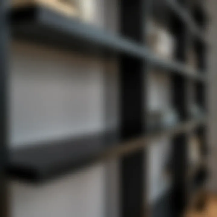 Close-up of materials used in slim black shelves