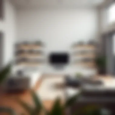 Stylish living room featuring slim black shelves