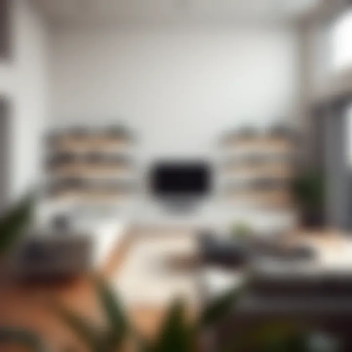 Stylish living room featuring slim black shelves