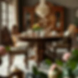 Elegant wooden dining table set with intricate carvings.