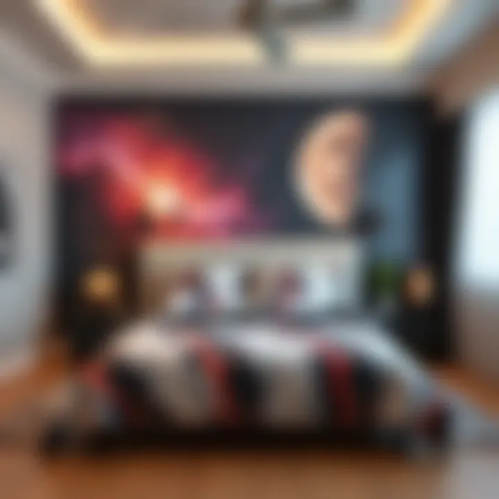 Transformative ambiance created by space-themed bedding in a bedroom