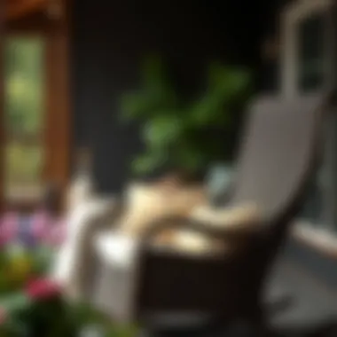 Comfortable dark brown wicker rocking chair with plush cushions
