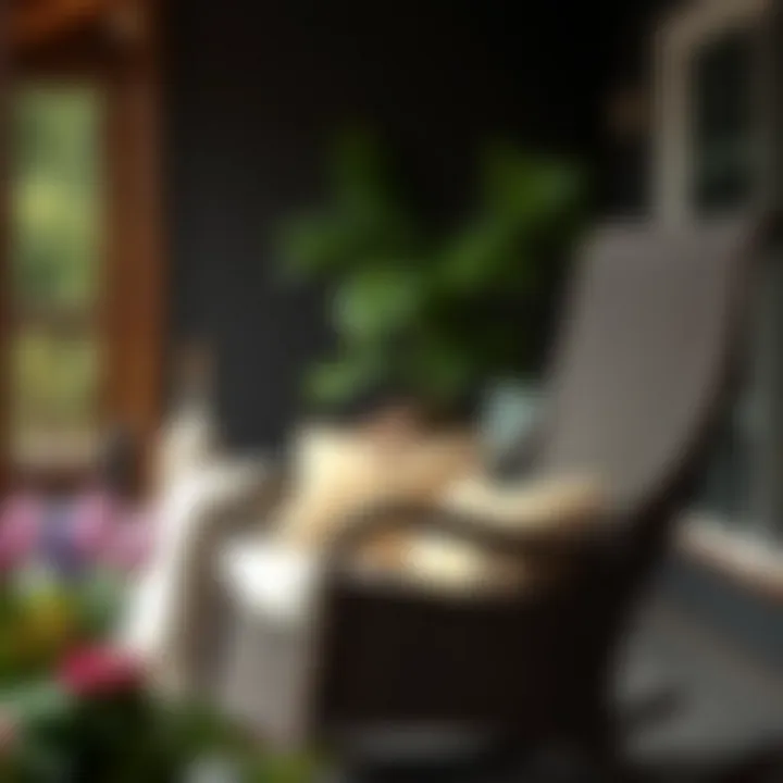 Comfortable dark brown wicker rocking chair with plush cushions