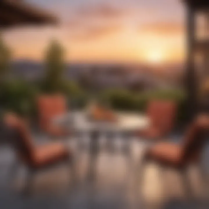 Modern circle table patio set set against a stunning sunset backdrop