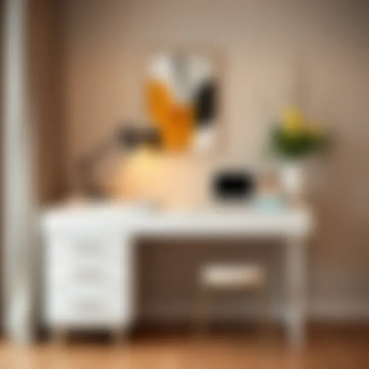 Trendy small white desk with drawers styled with decorative accessories