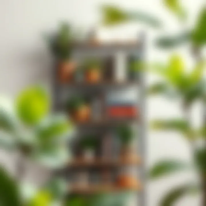 Creative arrangement of books and plants on a tall slim shelving unit