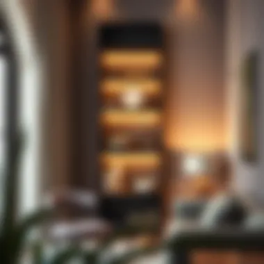 Elegant Tall Slim Shelving Unit Showcasing Decorative Items Elegant tall slim shelving unit showcasing decorative items