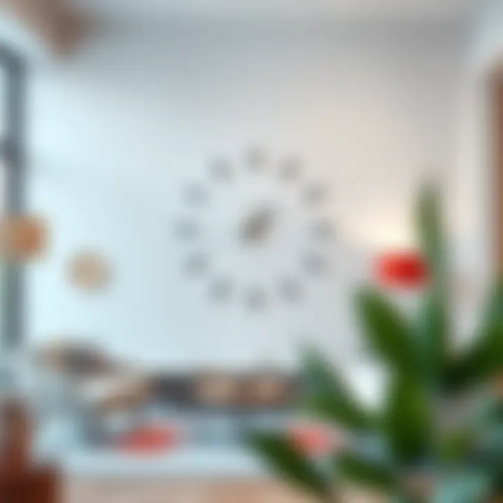 Modern minimalist colorful wall clock in a chic living room