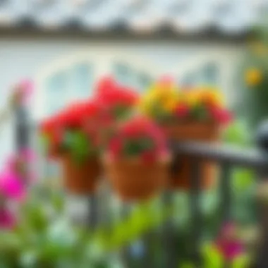 Elegant over the rail flower pots showcasing colorful blossoms