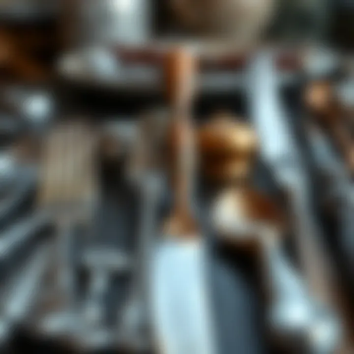 A display of vintage cutlery showcasing various materials and styles from different eras.