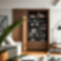 A modern four-foot high storage cabinet in a stylish living room setting.