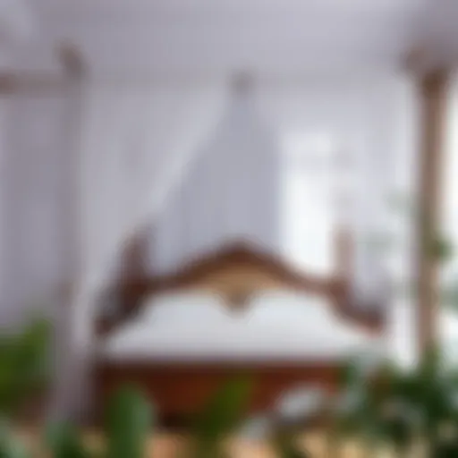 Elegant canopy bed adorned with white sheer curtains creating a dreamy atmosphere