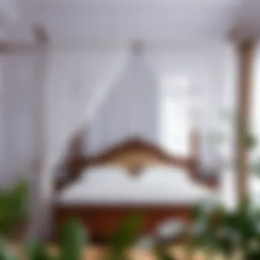 Dreamy Atmosphere with Sheer Curtains Elegant canopy bed adorned with white sheer curtains creating a dreamy atmosphere