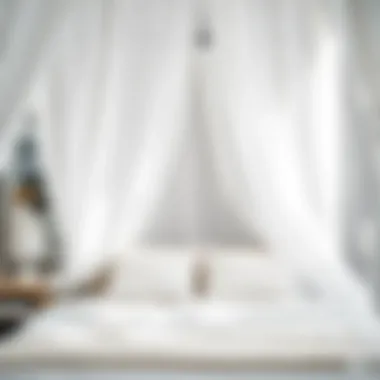 Close-up of white sheer fabric on a canopy bed, highlighting texture and draping