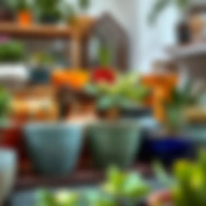 Variety of colorful ceramic planters on display