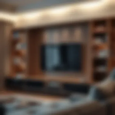 Close-up of unique bookshelf designs integrated with a TV stand