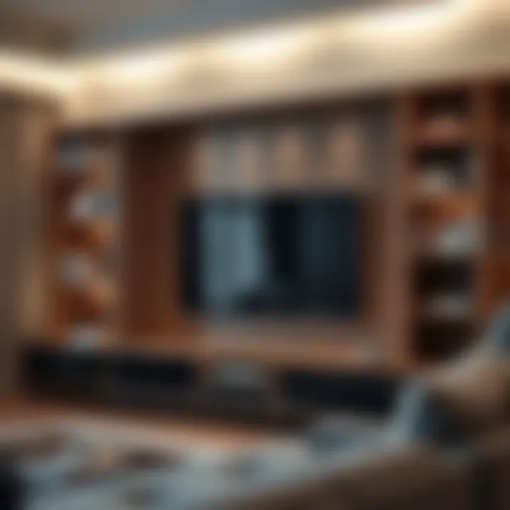 Close-up of unique bookshelf designs integrated with a TV stand