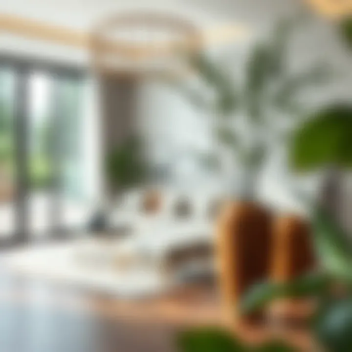 Stylish interior featuring a large wooden floor vase with greenery