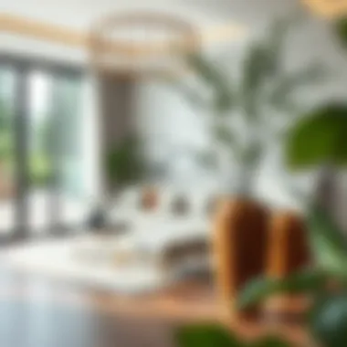 Stylish Interior with Wooden Floor Vase Stylish interior featuring a large wooden floor vase with greenery