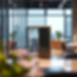 Sleek micro fridge cabinet in a modern office setting