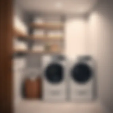 Modern laundry room featuring minimalist wall-mounted shelves with a cohesive design.